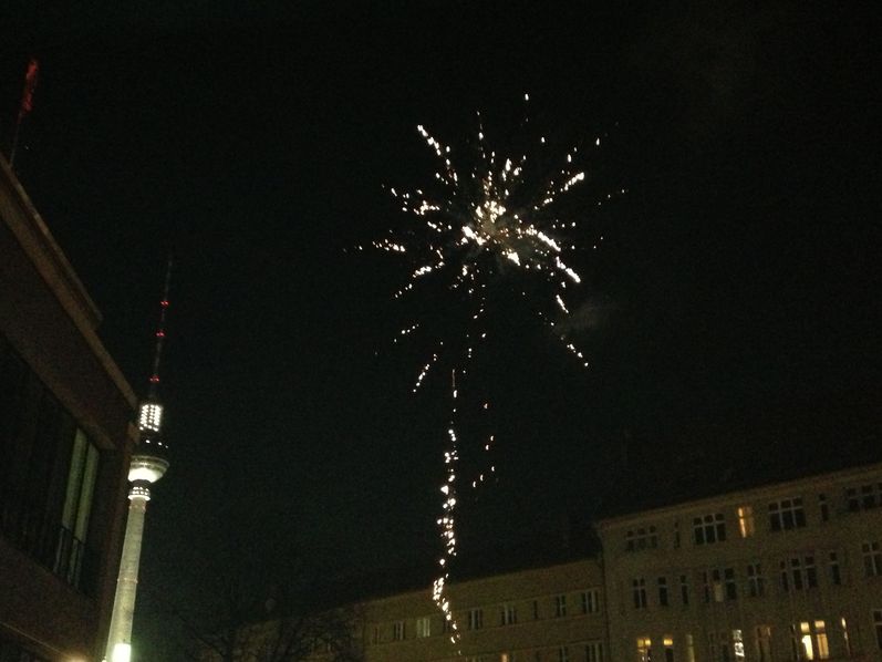Das Bild eine explodierende Silvesterrakete im Berliner Nachthimmel. Im Hintergrund ist der Fernsehturm am Alexanderplatz zu sehen.